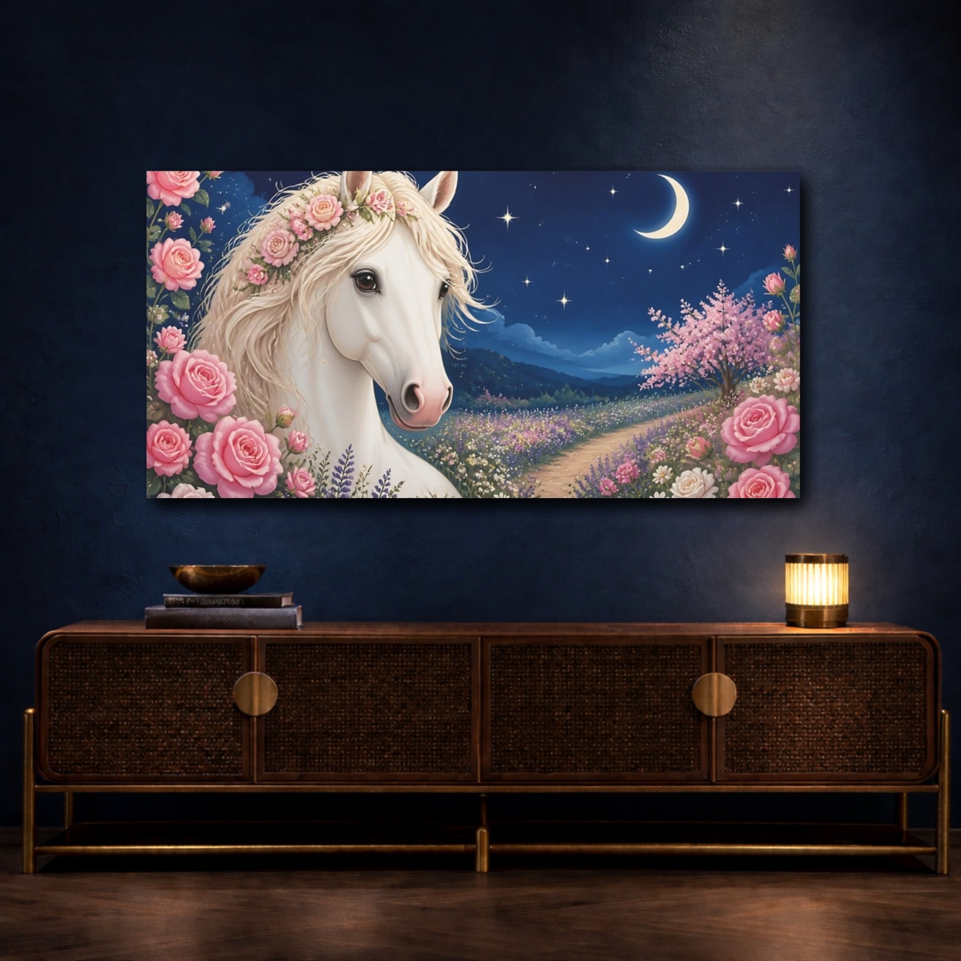 Mockup 4. Moonlit Rose Horse shown as canvas print