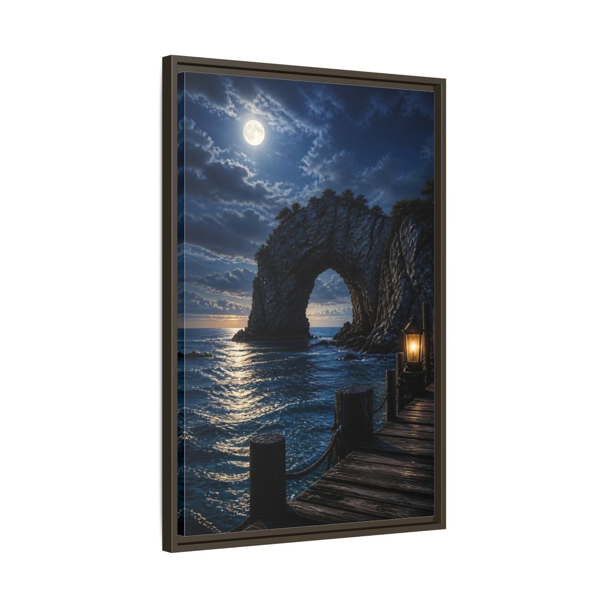 Side Mockup 11. Moonlit Sea Arch Landscape shown as framed canvas print