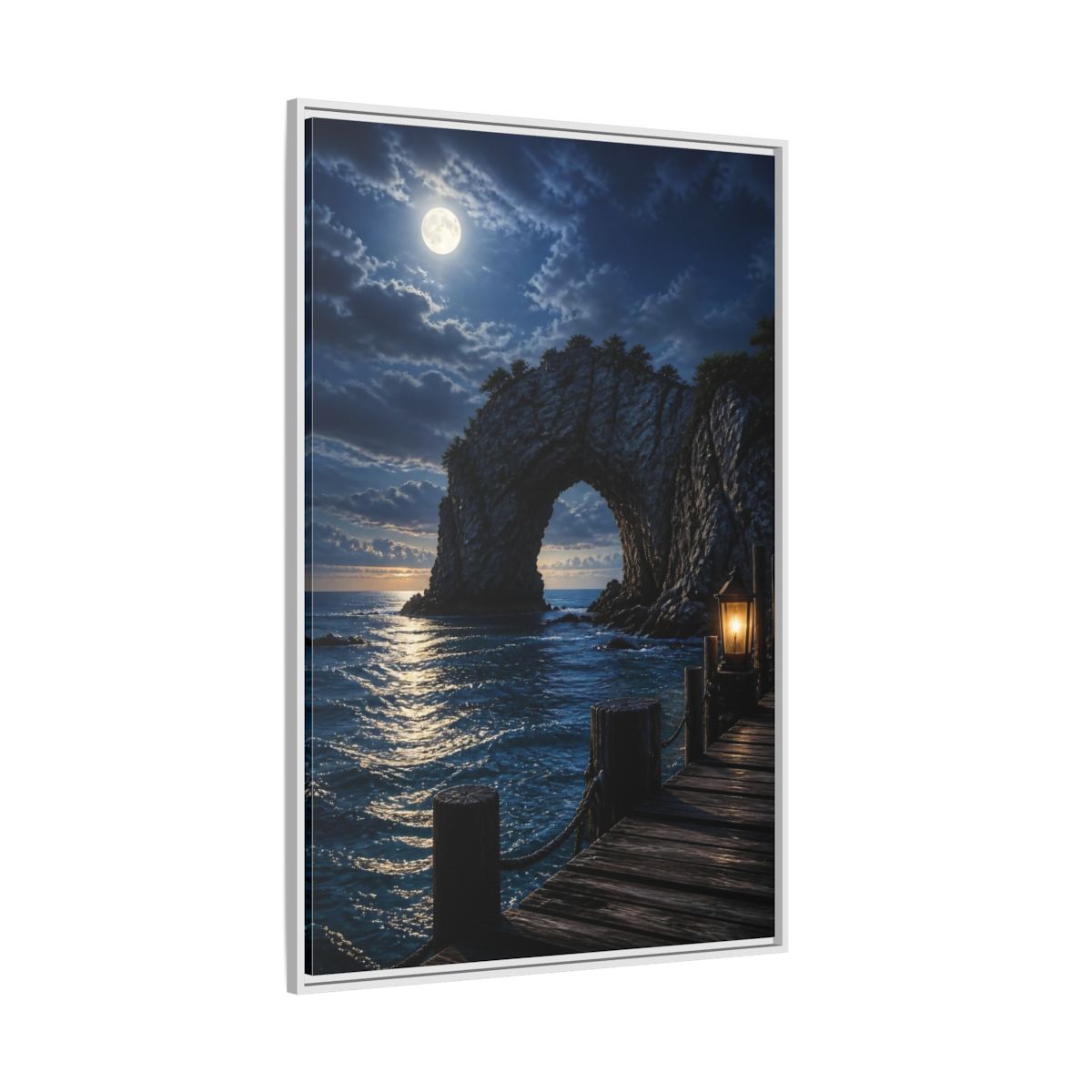 Side Mockup 7. Moonlit Sea Arch Landscape shown as framed canvas print