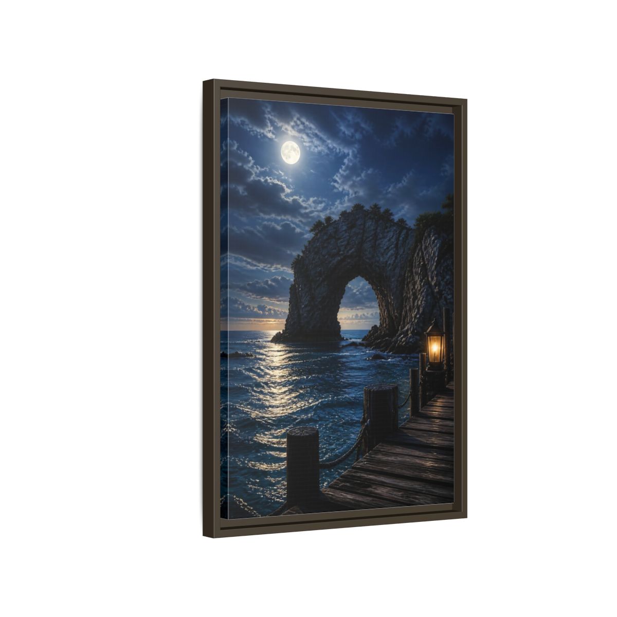 Side Mockup 2. Moonlit Sea Arch Landscape shown as framed canvas print