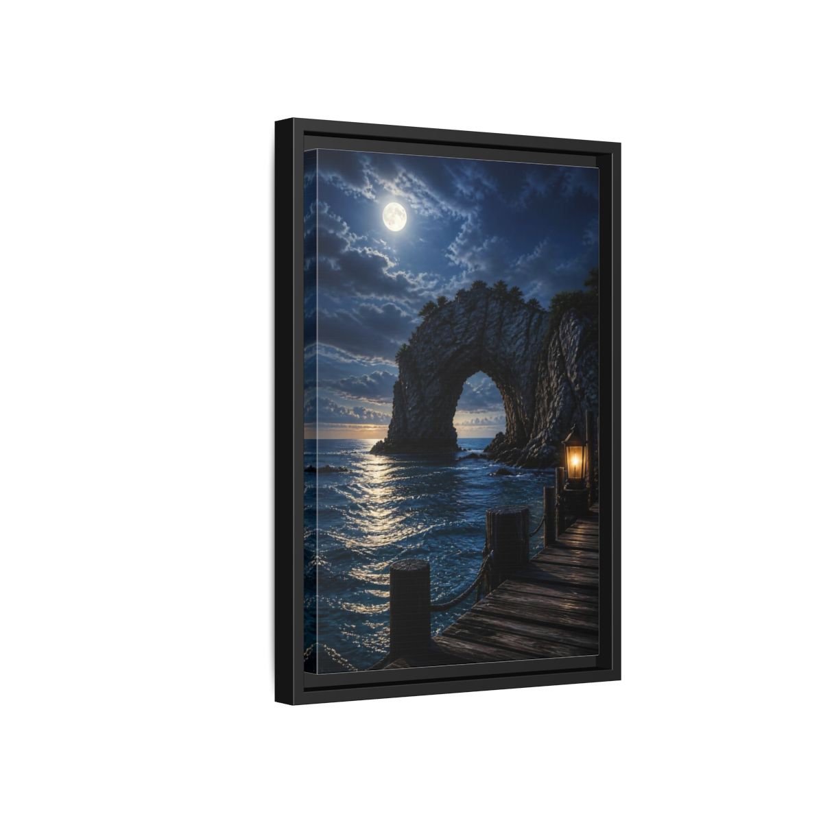 Side Mockup 6. Moonlit Sea Arch Landscape shown as framed canvas print