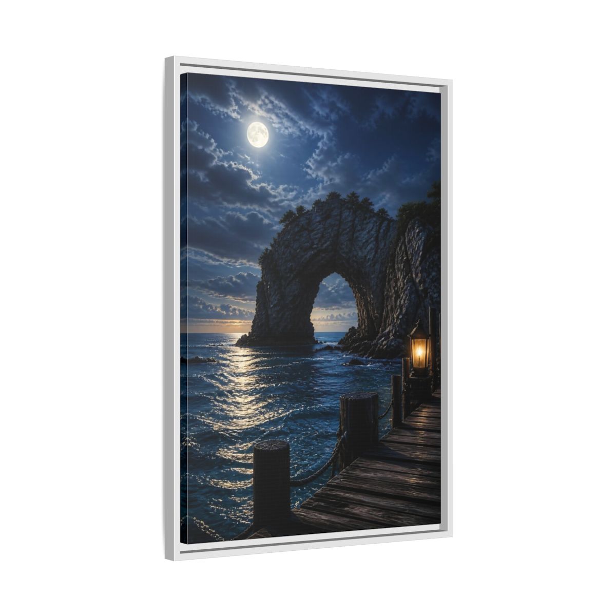 Side Mockup 10. Moonlit Sea Arch Landscape shown as framed canvas print