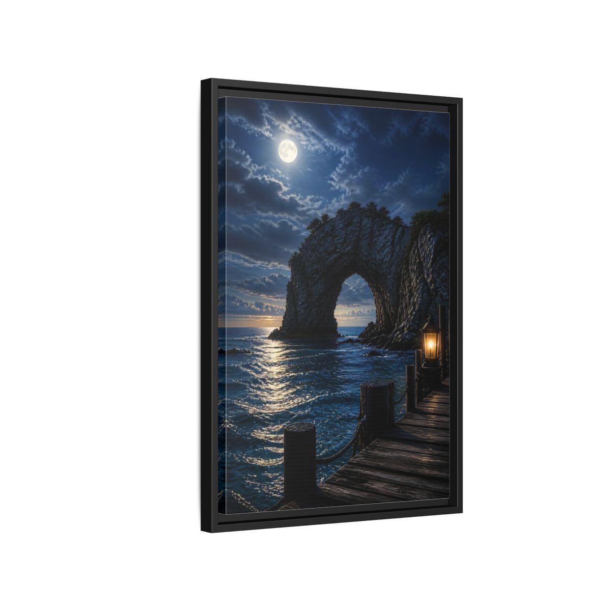 Side Mockup 3. Moonlit Sea Arch Landscape shown as framed canvas print