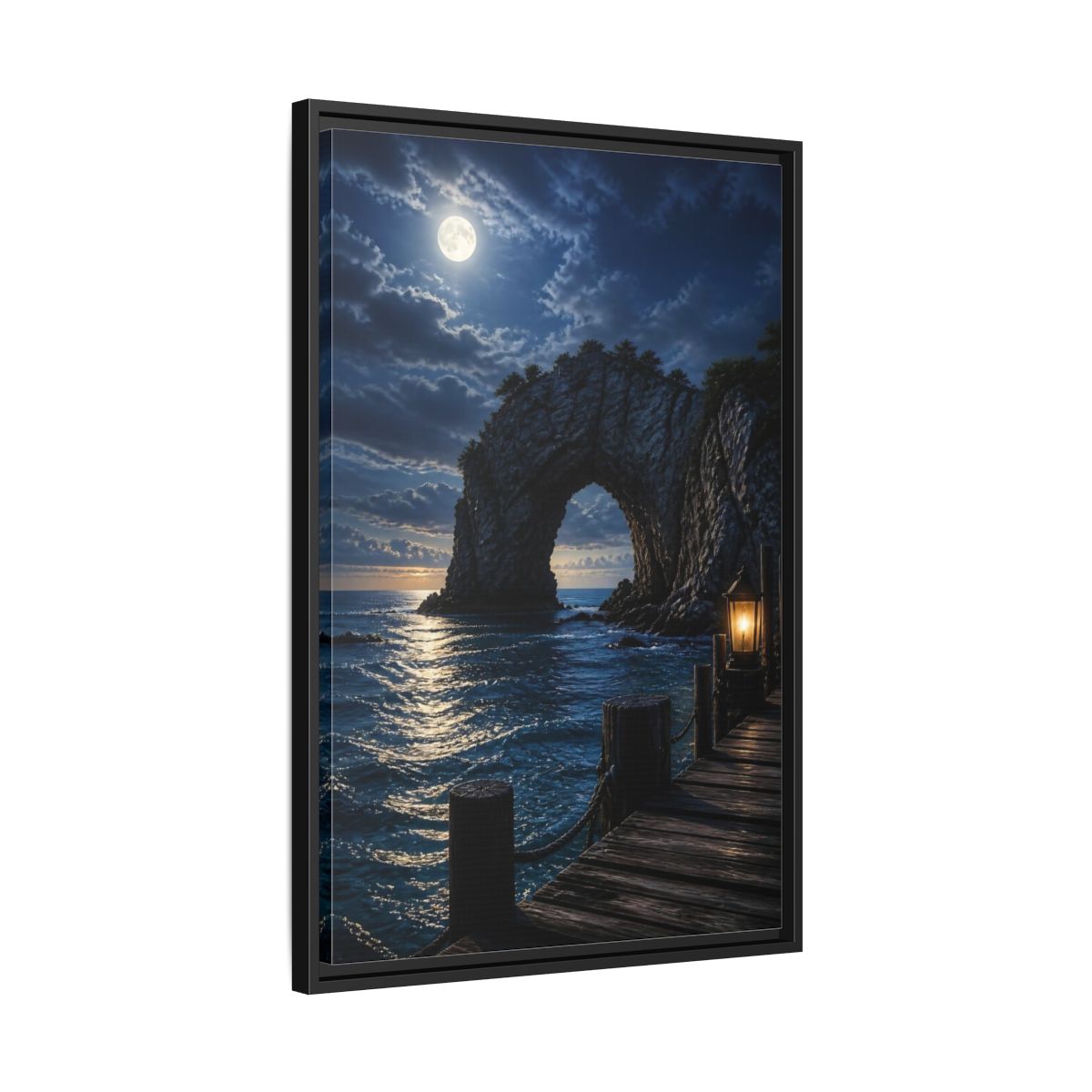Side Mockup 14. Moonlit Sea Arch Landscape shown as framed canvas print