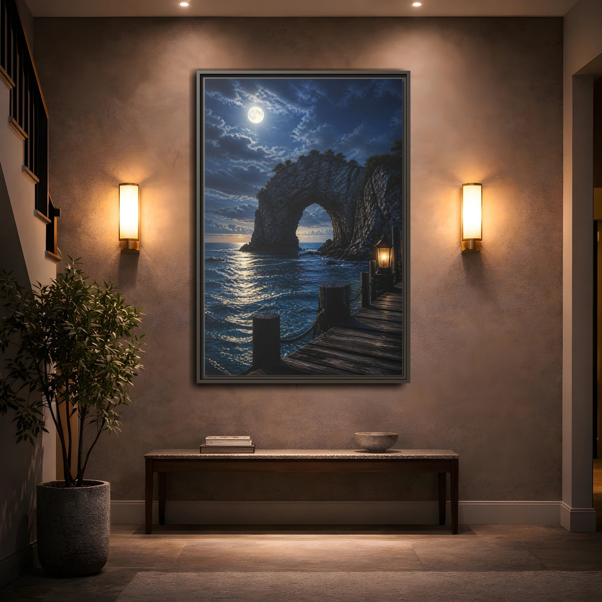 Mockup 2. Moonlit Sea Arch Landscape shown as framed canvas print