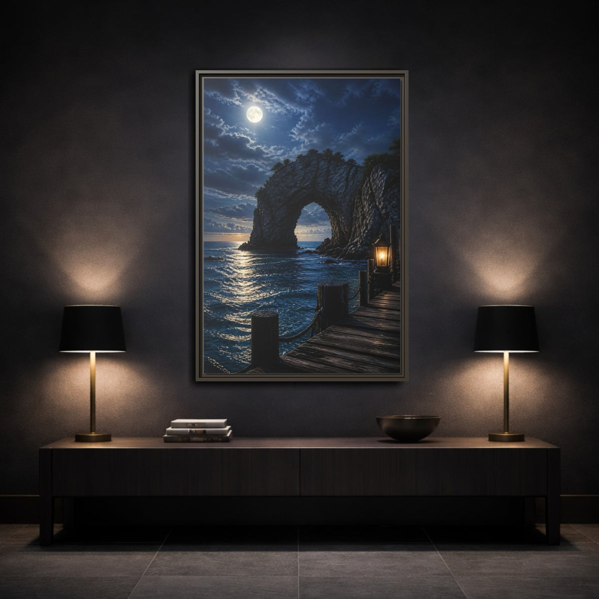 Mockup 3. Moonlit Sea Arch Landscape shown as framed canvas print