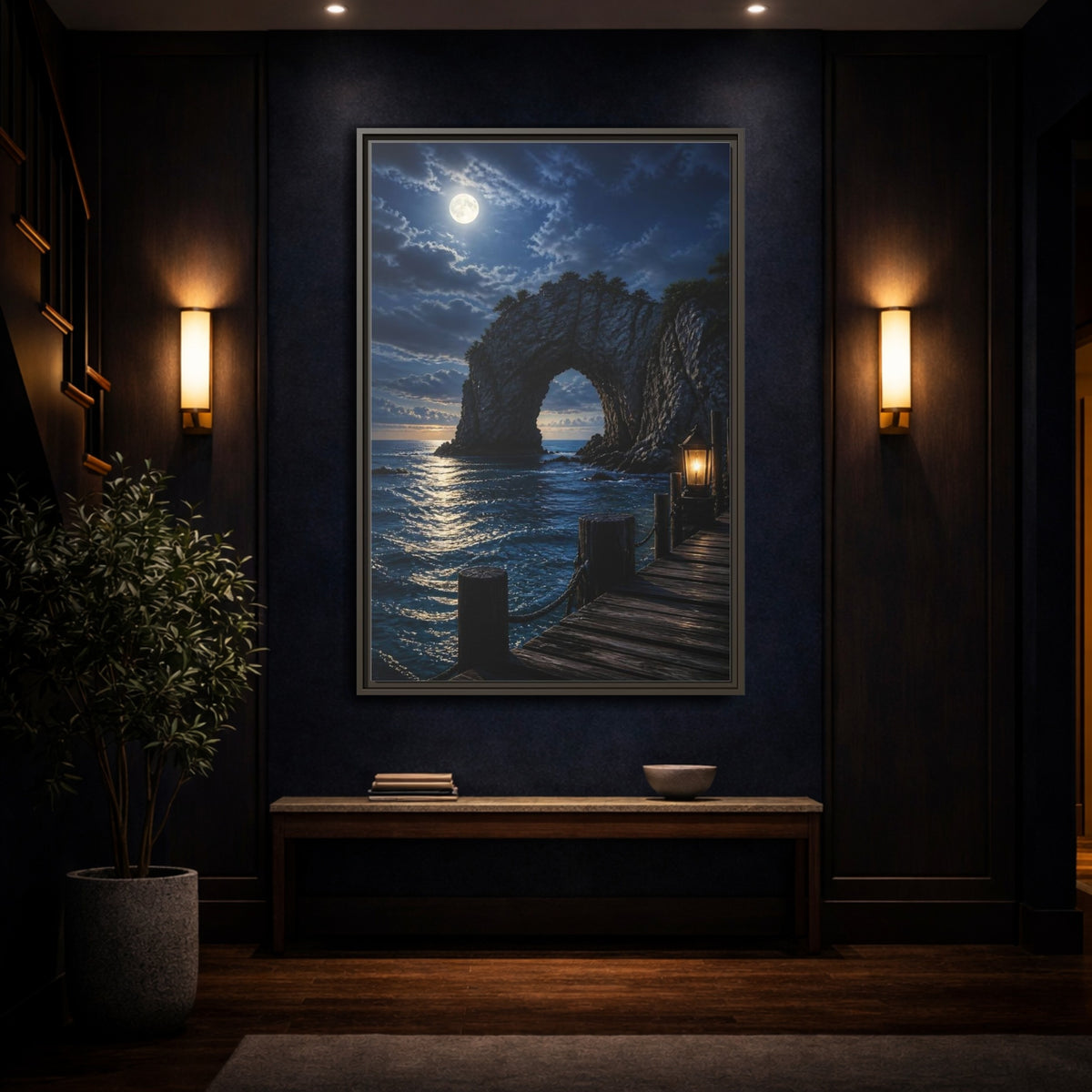 Mockup 4. Moonlit Sea Arch Landscape shown as framed canvas print