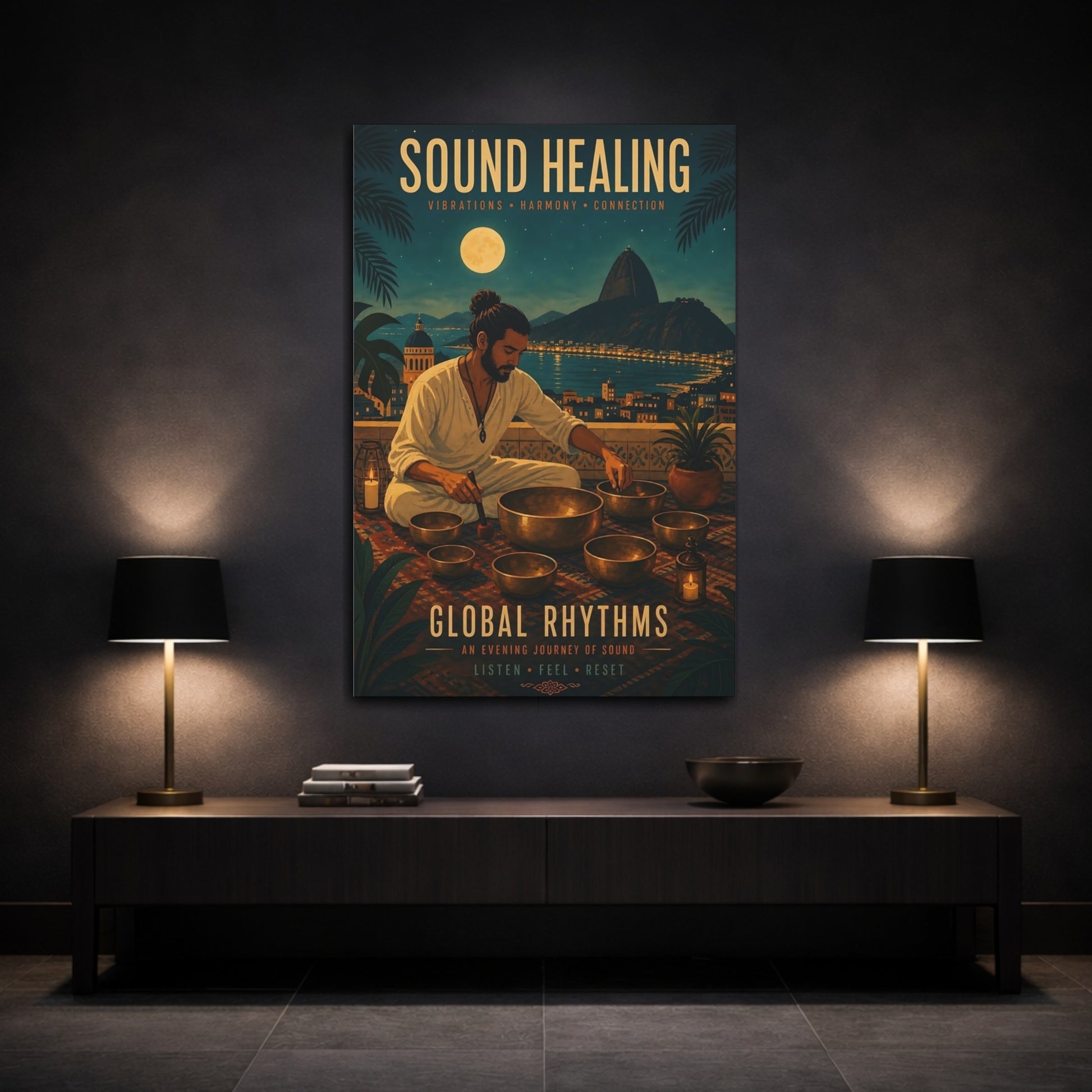 Mockup 3. Moonlit Sound Healing shown as canvas print