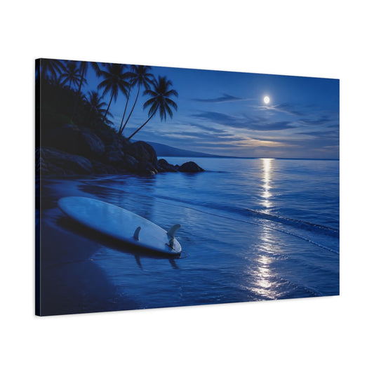 Main Mockup. Moonlit Surfboard On Shore shown as canvas print