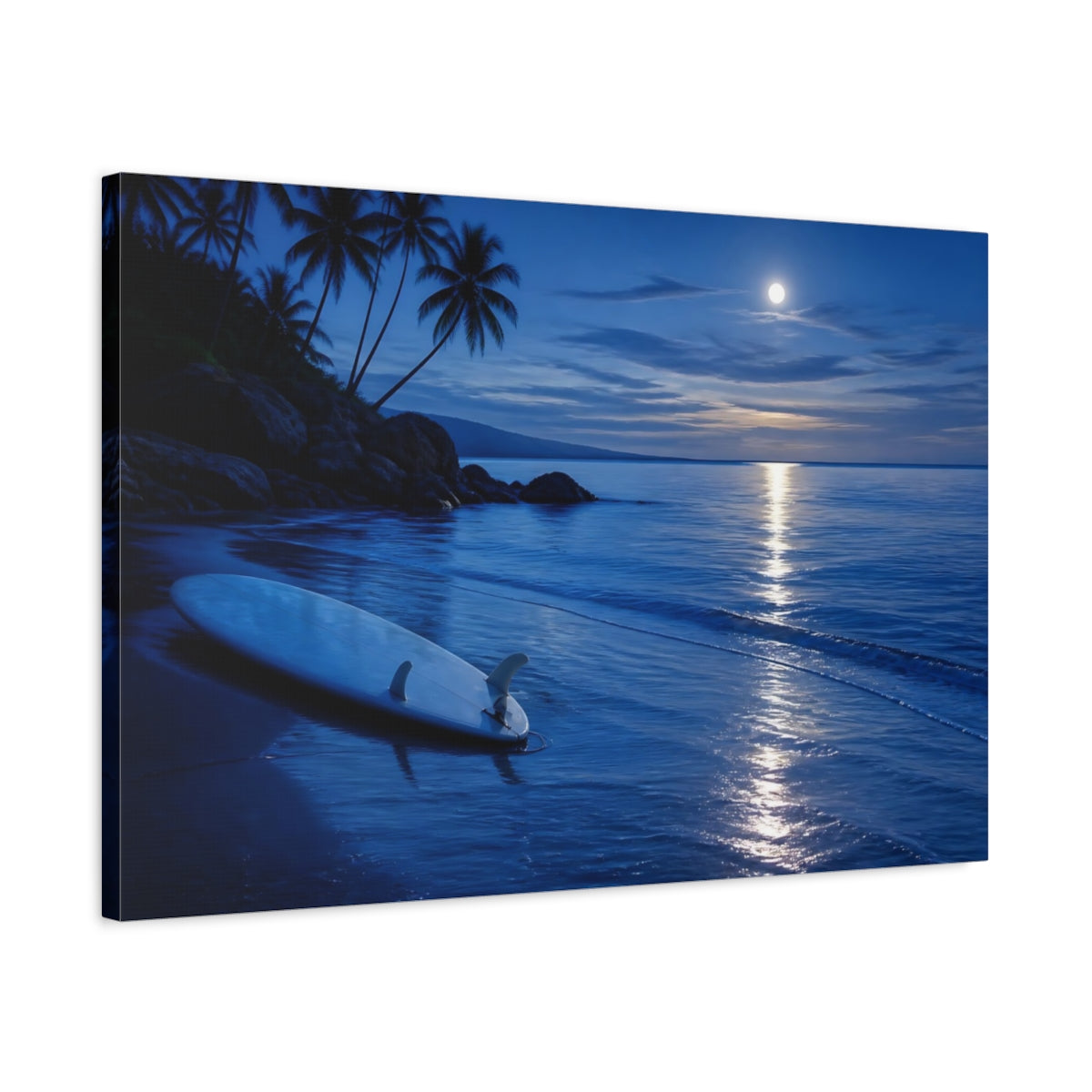Side Mockup 2. Moonlit Surfboard On Shore shown as canvas print