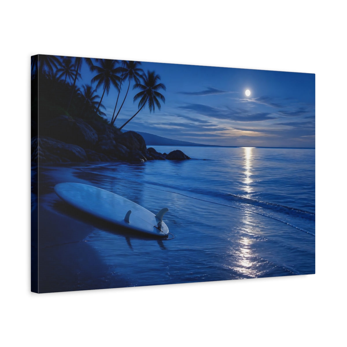 Side Mockup 3. Moonlit Surfboard On Shore shown as canvas print