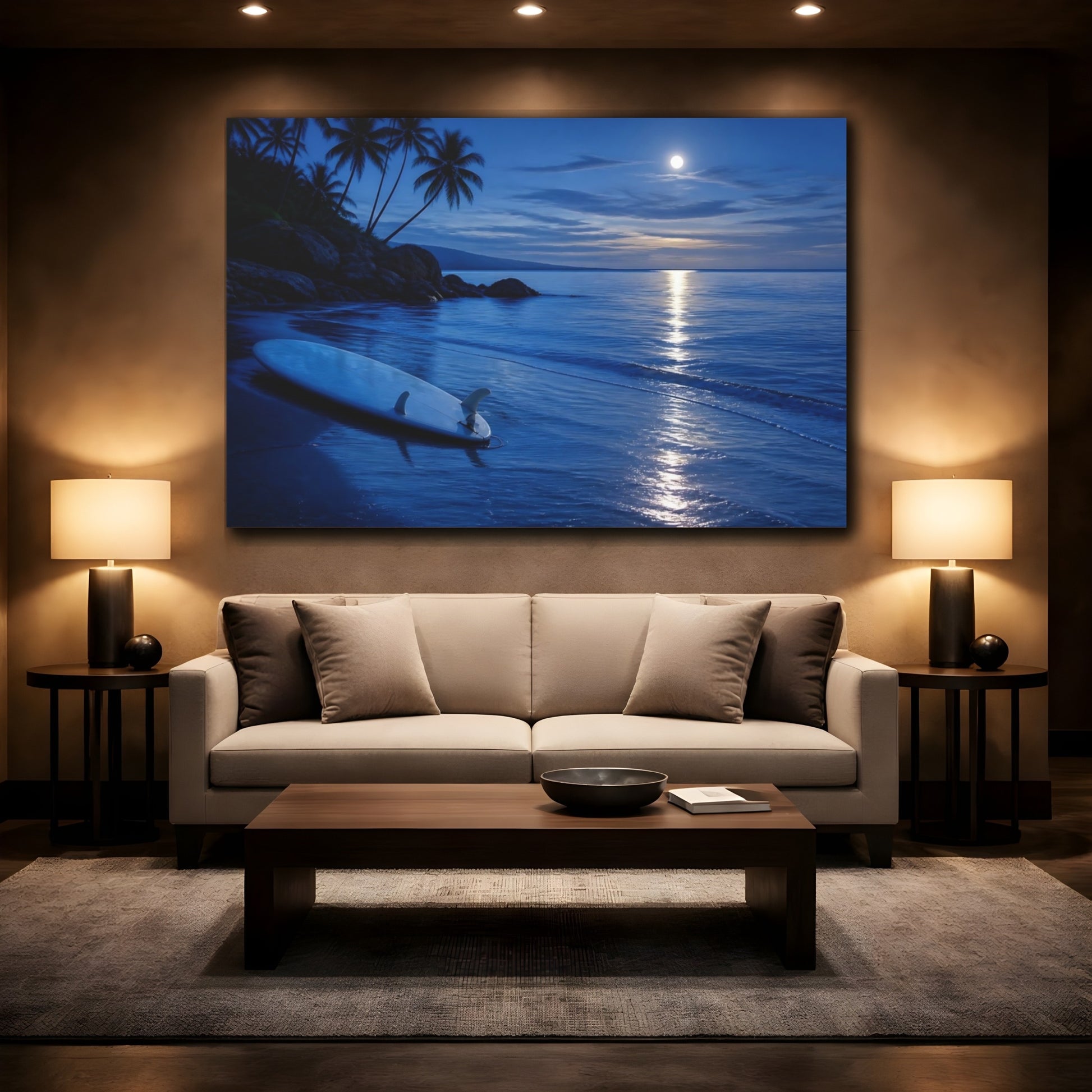 Mockup 2. Moonlit Surfboard On Shore shown as canvas print