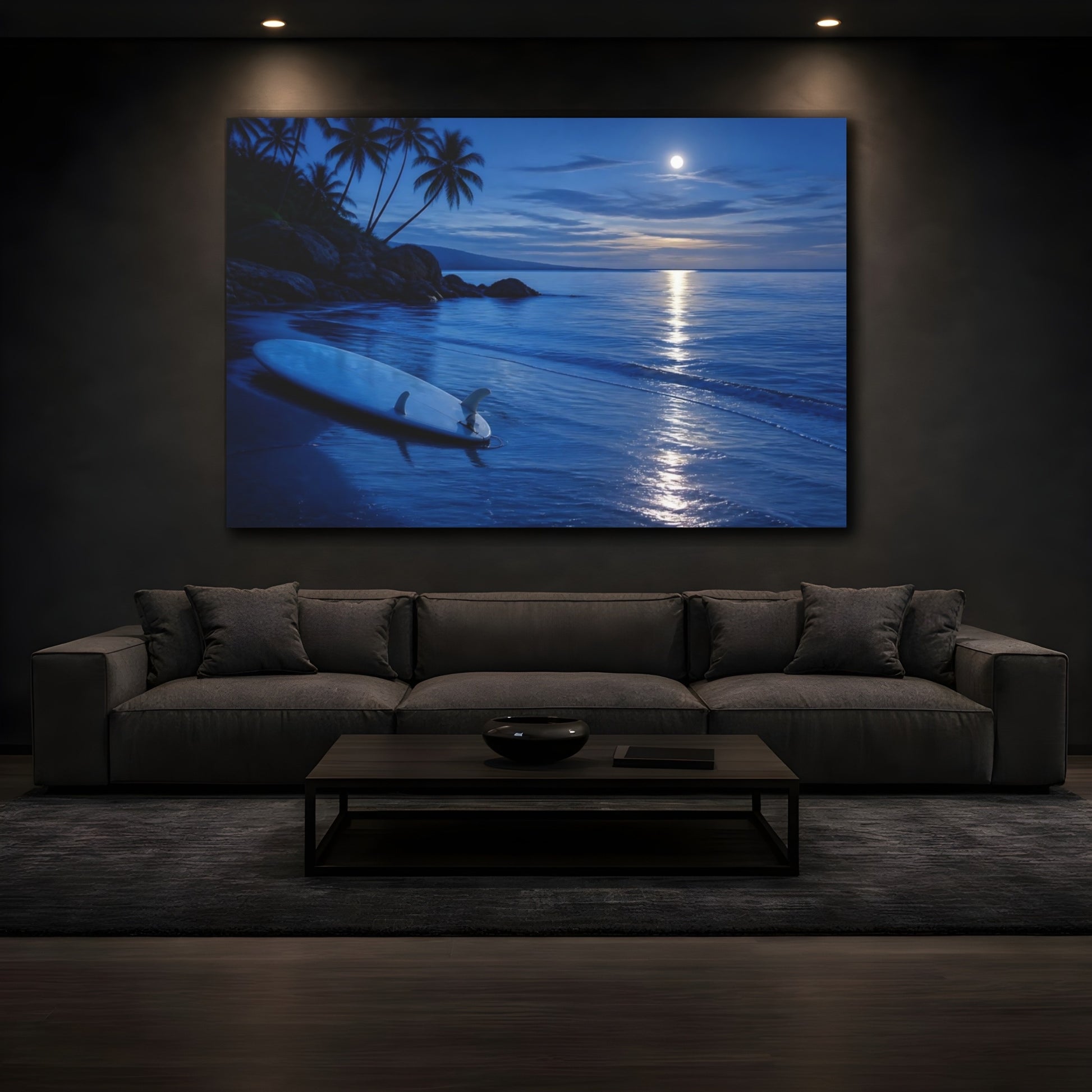 Mockup 3. Moonlit Surfboard On Shore shown as canvas print