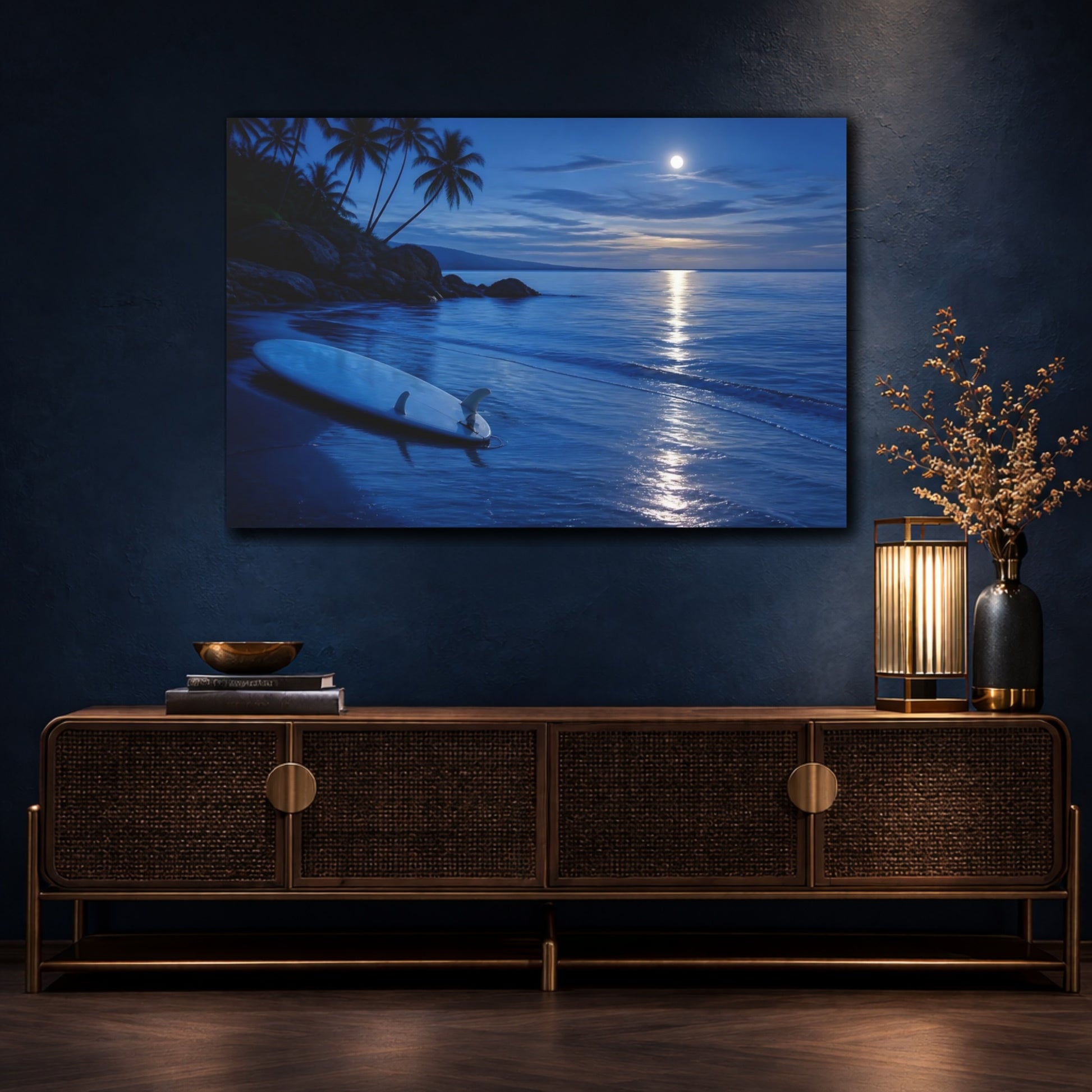 Mockup 4. Moonlit Surfboard On Shore shown as canvas print