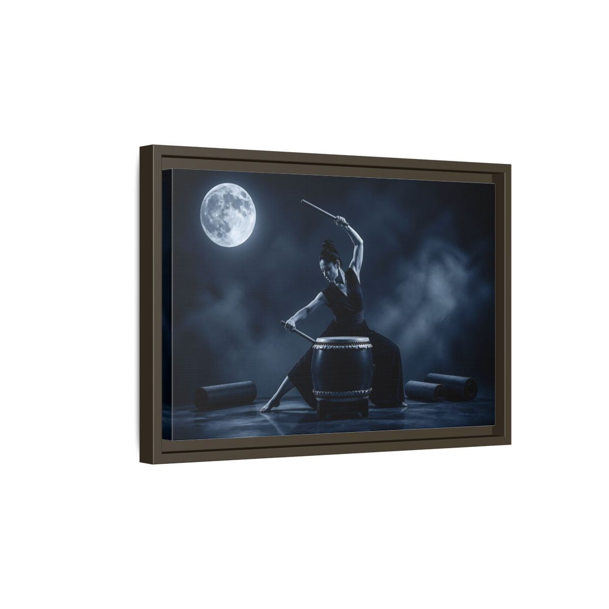 Side Mockup 5. Moonlit Taiko Drummer shown as framed canvas print