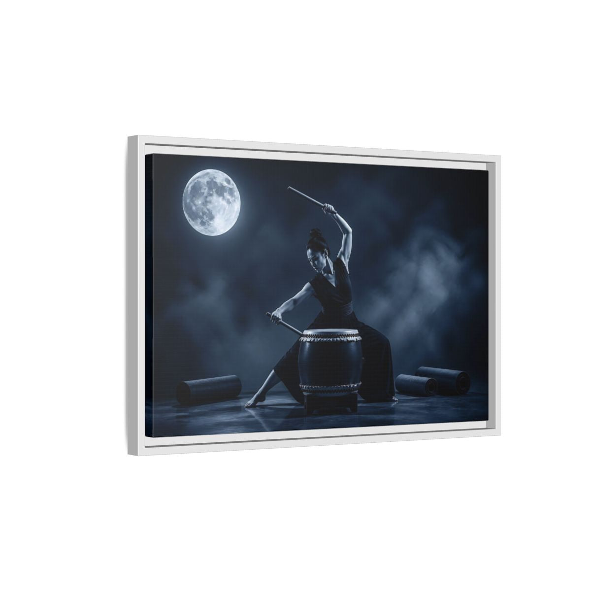 Side Mockup 1. Moonlit Taiko Drummer shown as framed canvas print