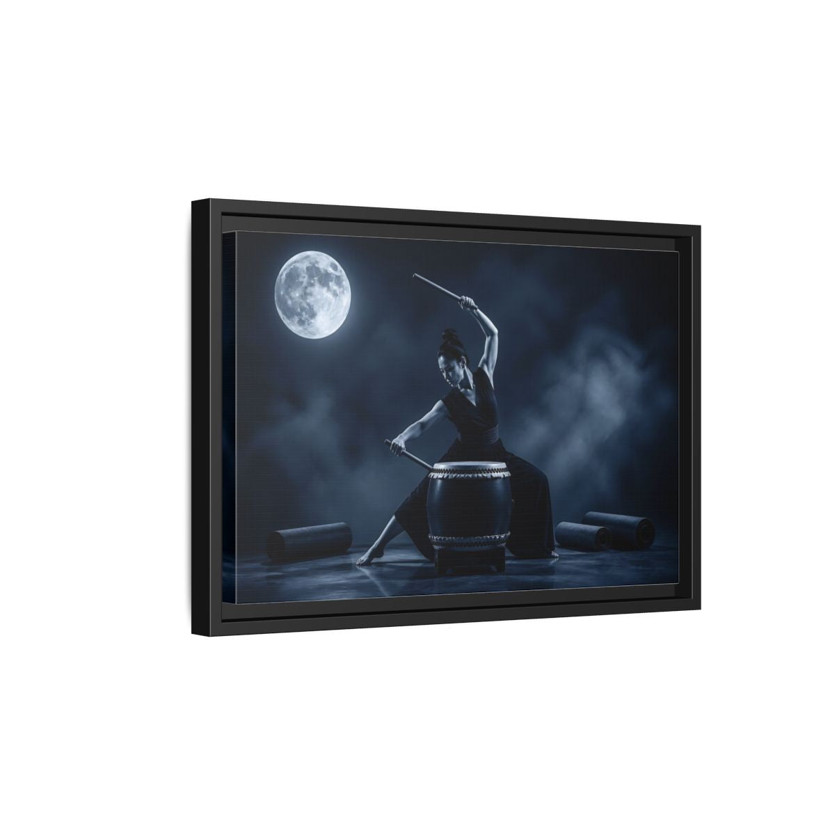 Side Mockup 6. Moonlit Taiko Drummer shown as framed canvas print