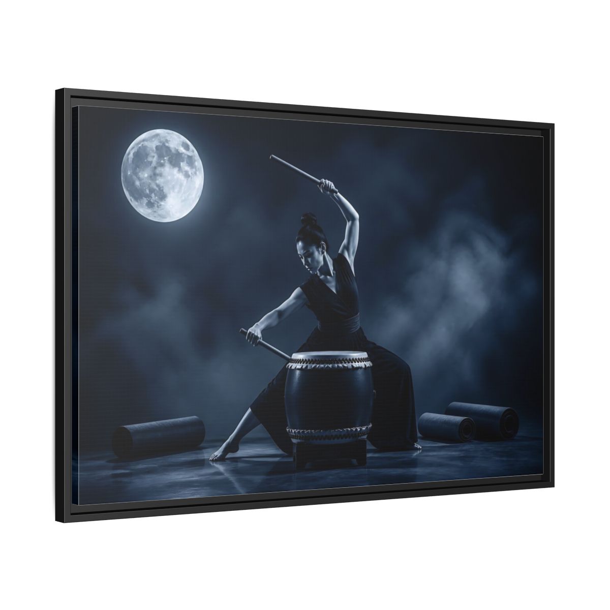 Side Mockup 13. Moonlit Taiko Drummer shown as framed canvas print
