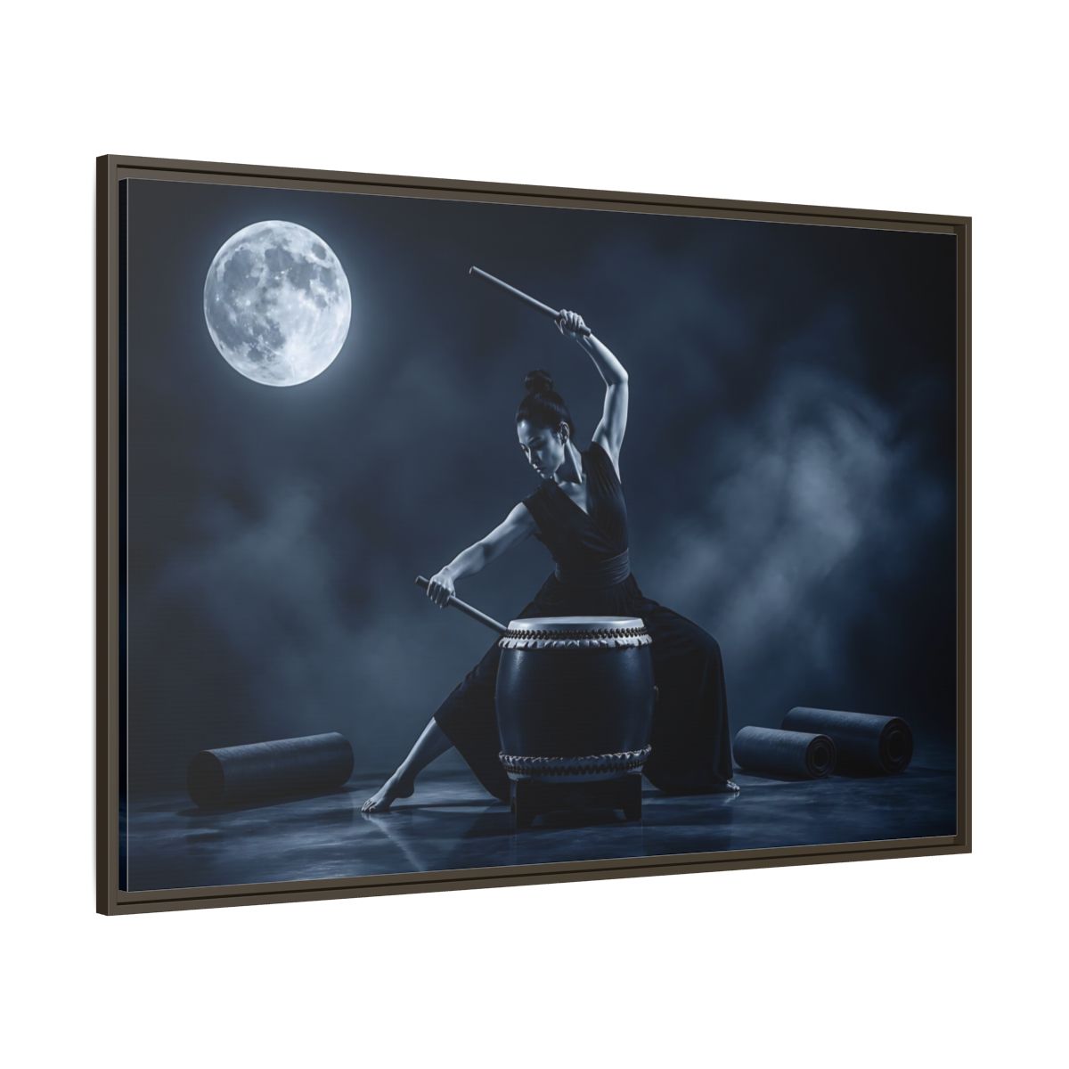 Side Mockup 8. Moonlit Taiko Drummer shown as framed canvas print