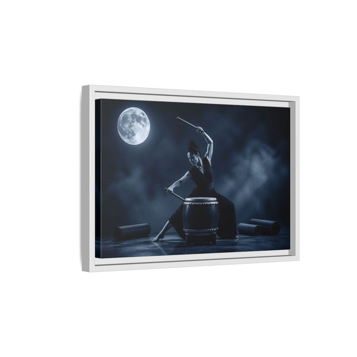 Side Mockup 4. Moonlit Taiko Drummer shown as framed canvas print