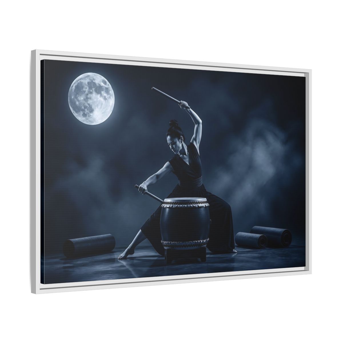 Side Mockup 9. Moonlit Taiko Drummer shown as framed canvas print