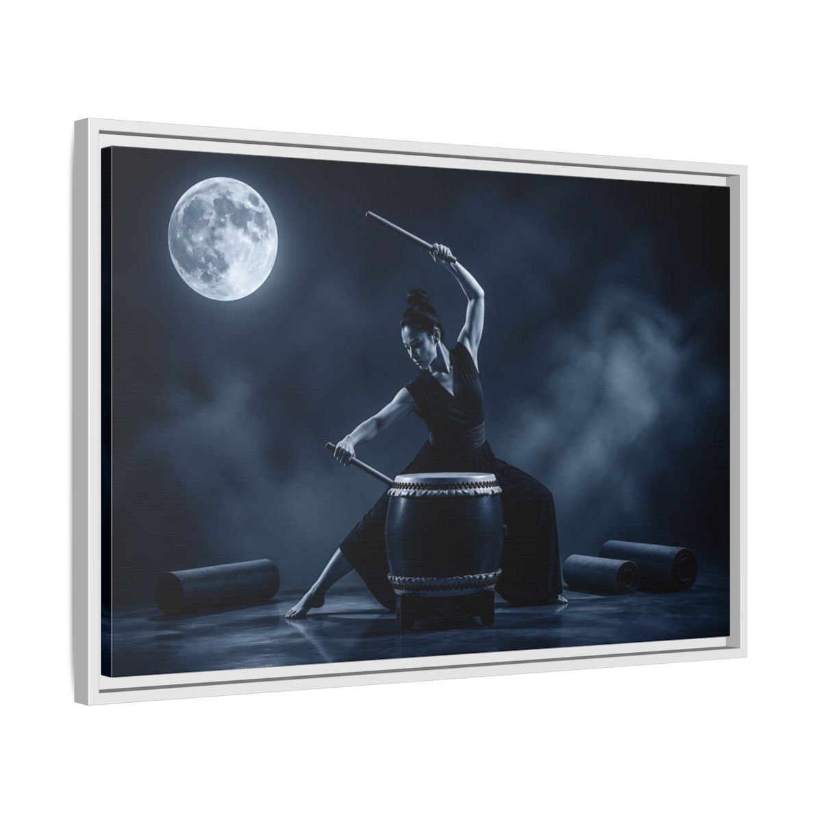 Side Mockup 10. Moonlit Taiko Drummer shown as framed canvas print