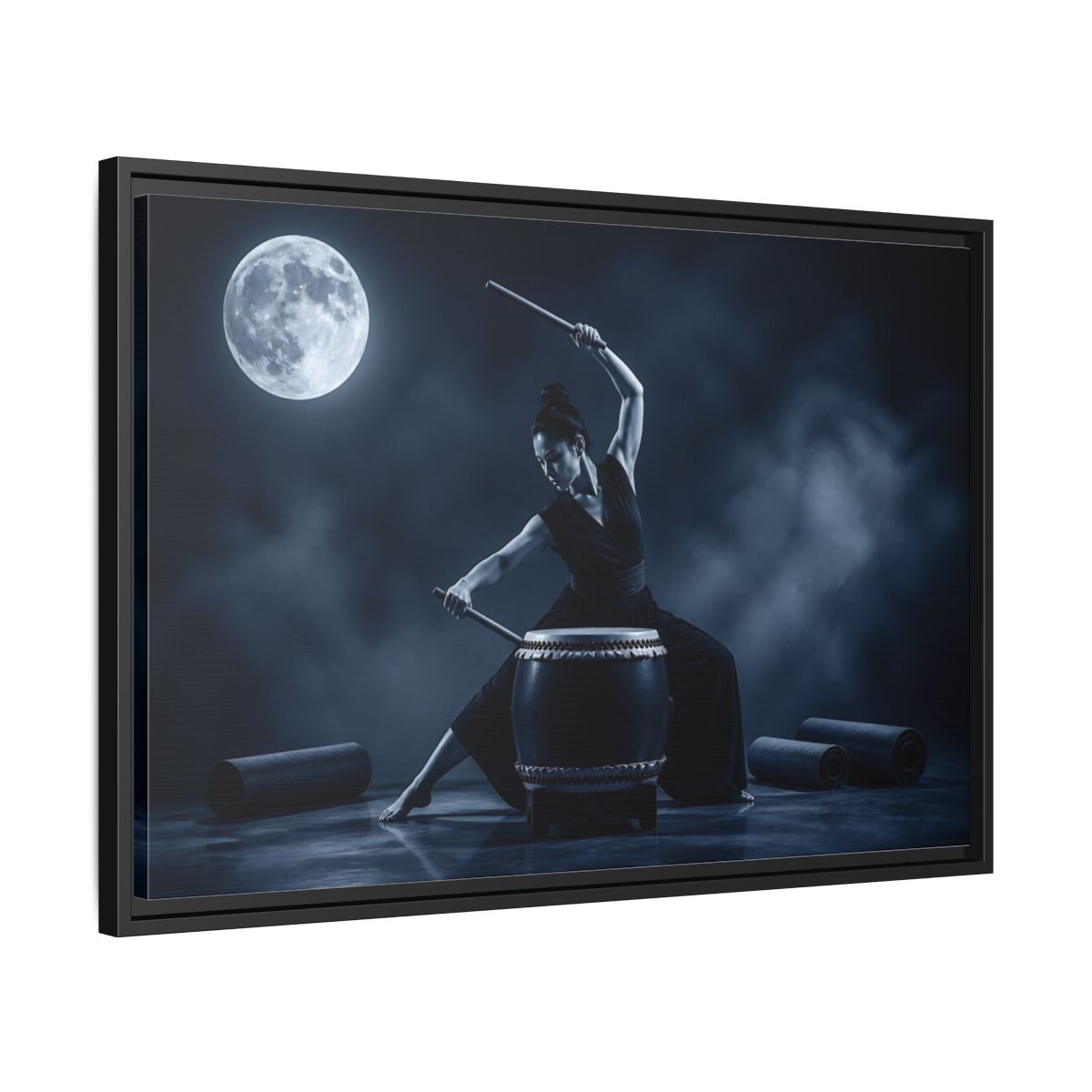 Side Mockup 14. Moonlit Taiko Drummer shown as framed canvas print