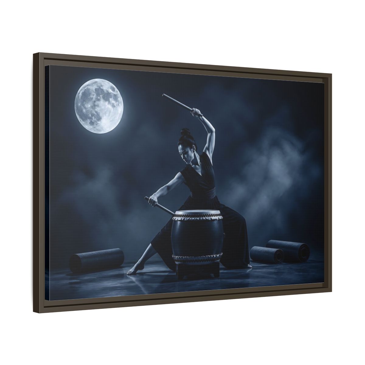 Side Mockup 11. Moonlit Taiko Drummer shown as framed canvas print
