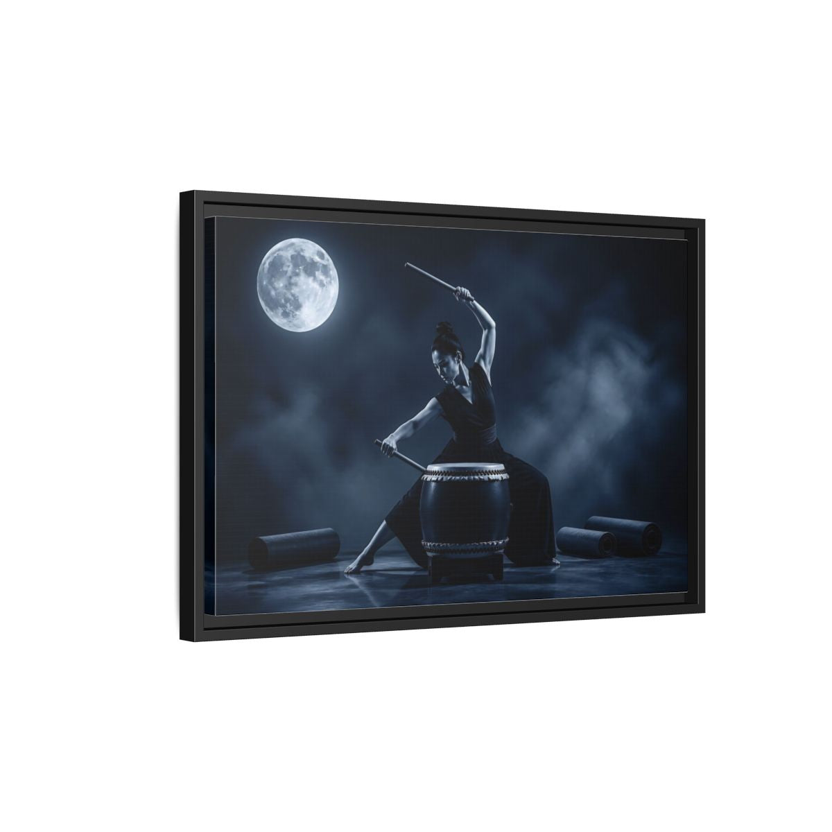 Side Mockup 3. Moonlit Taiko Drummer shown as framed canvas print