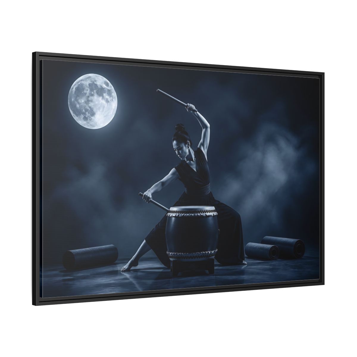 Side Mockup 12. Moonlit Taiko Drummer shown as framed canvas print