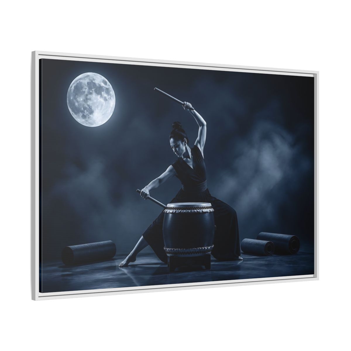 Side Mockup 7. Moonlit Taiko Drummer shown as framed canvas print