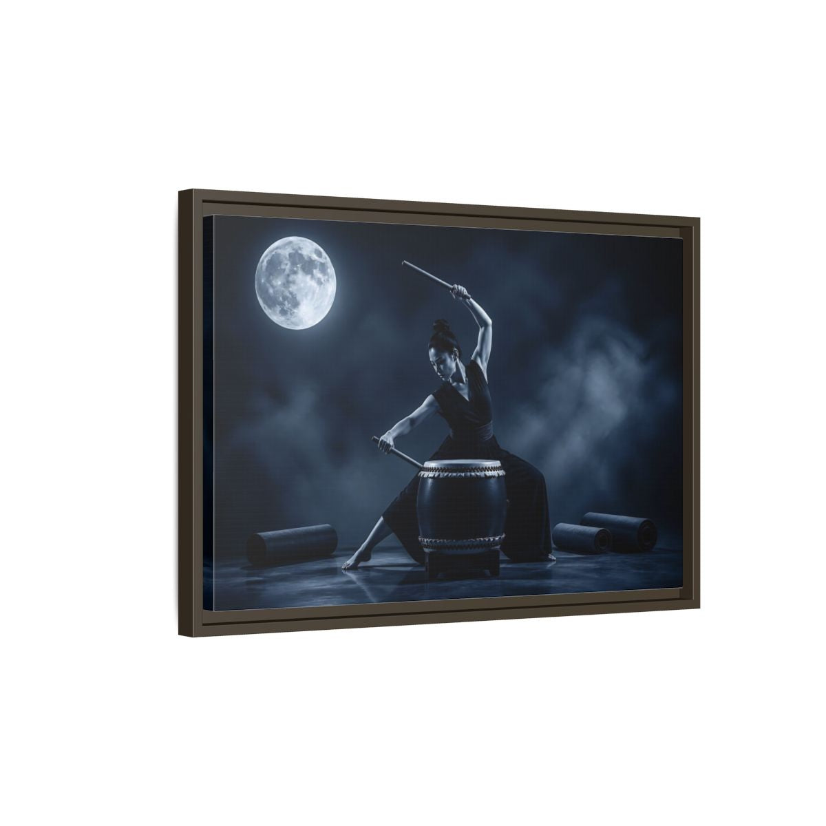 Side Mockup 2. Moonlit Taiko Drummer shown as framed canvas print