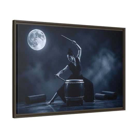 Main Mockup. Moonlit Taiko Drummer shown as framed canvas print