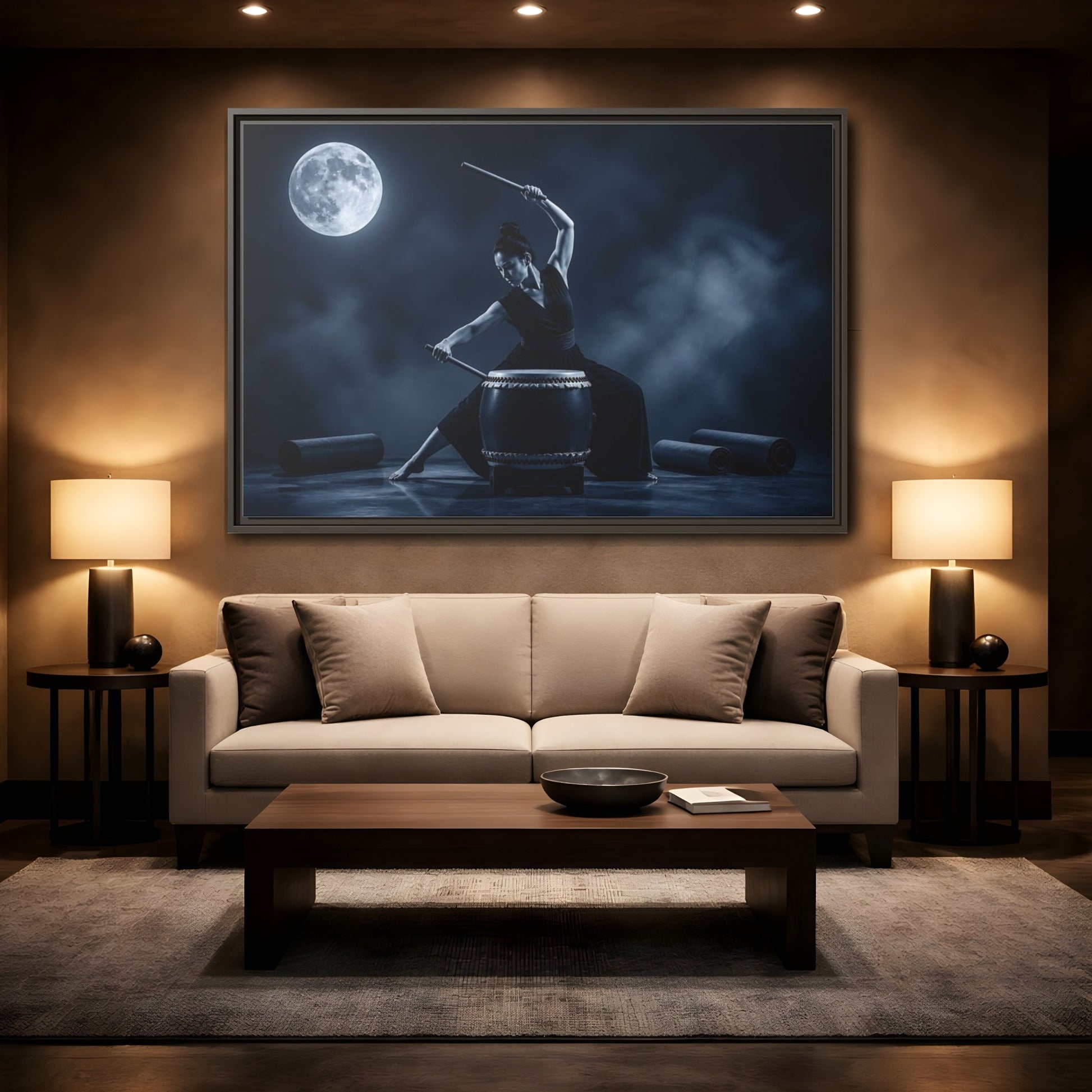 Mockup 2. Moonlit Taiko Drummer shown as framed canvas print