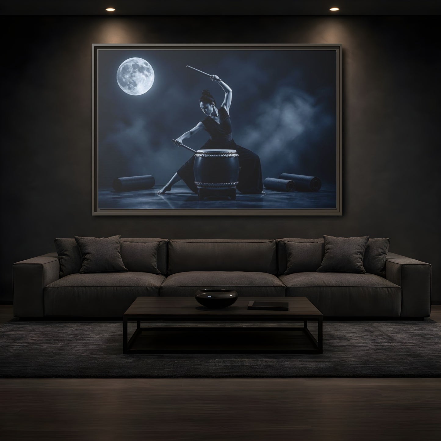 Mockup 3. Moonlit Taiko Drummer shown as framed canvas print