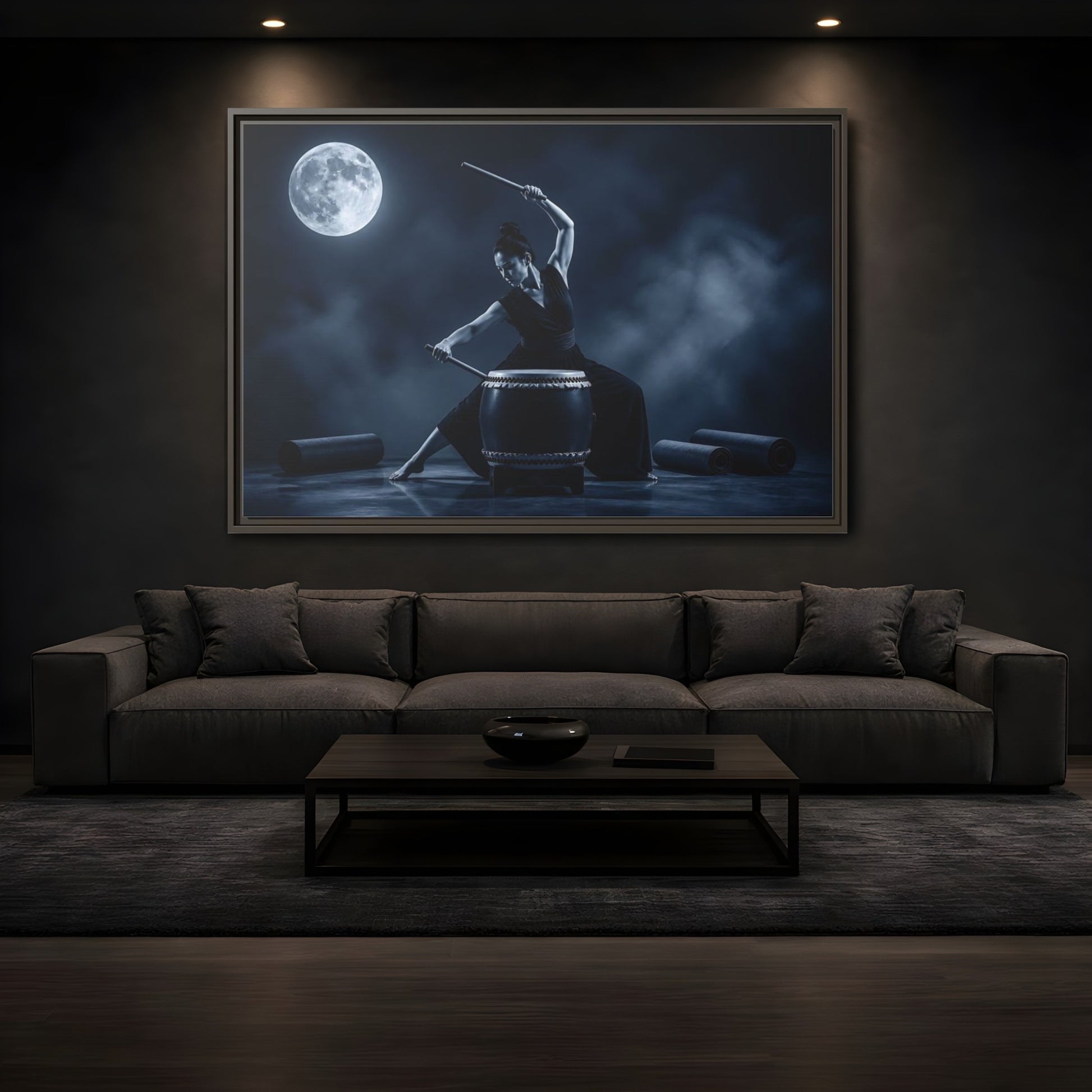 Mockup 3. Moonlit Taiko Drummer shown as framed canvas print