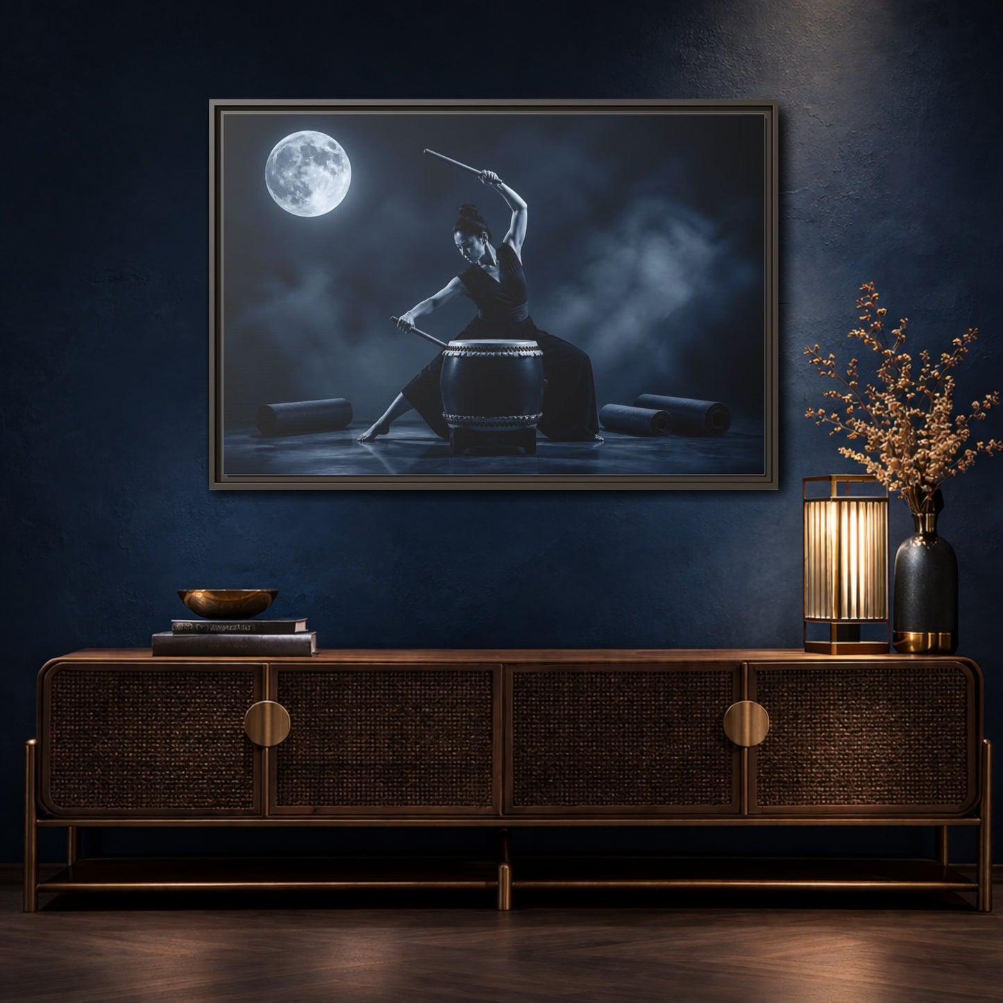 Mockup 4. Moonlit Taiko Drummer shown as framed canvas print