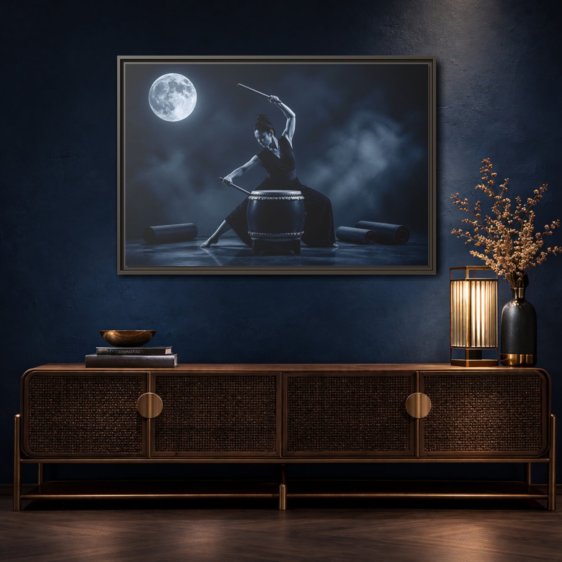Mockup 4. Moonlit Taiko Drummer shown as framed canvas print