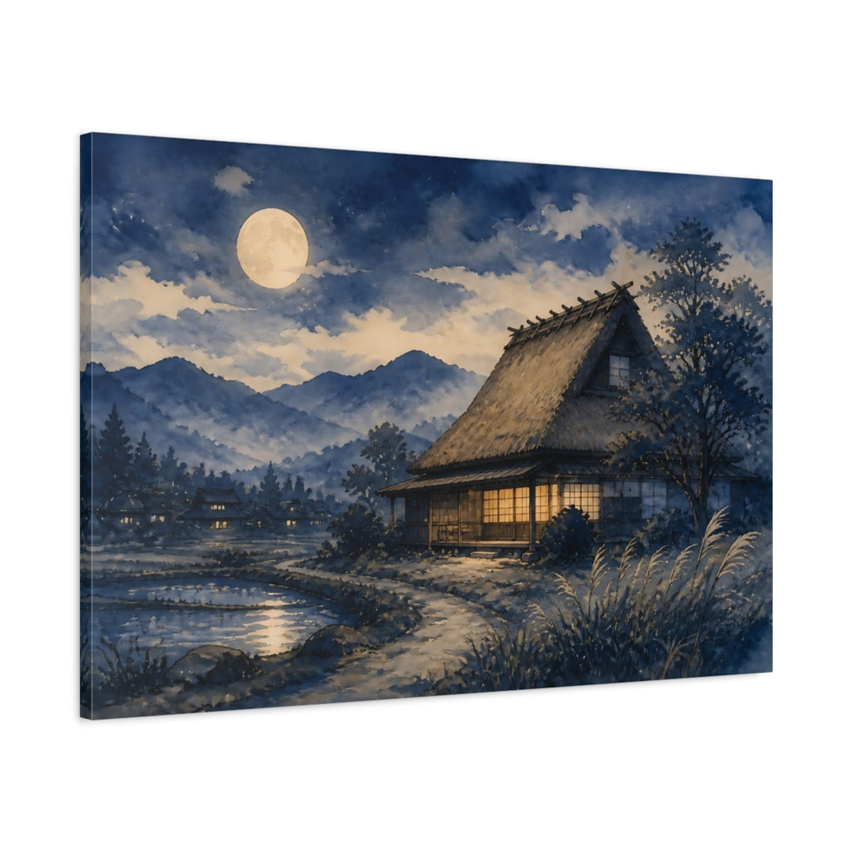 Main Mockup. Moonlit Thatched Farmhouse shown as canvas print
