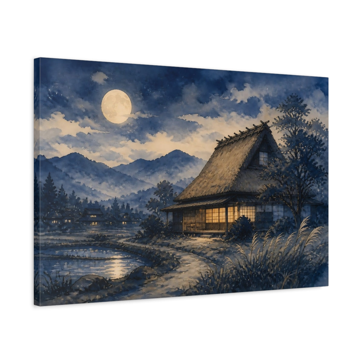 Side Mockup 2. Moonlit Thatched Farmhouse shown as canvas print