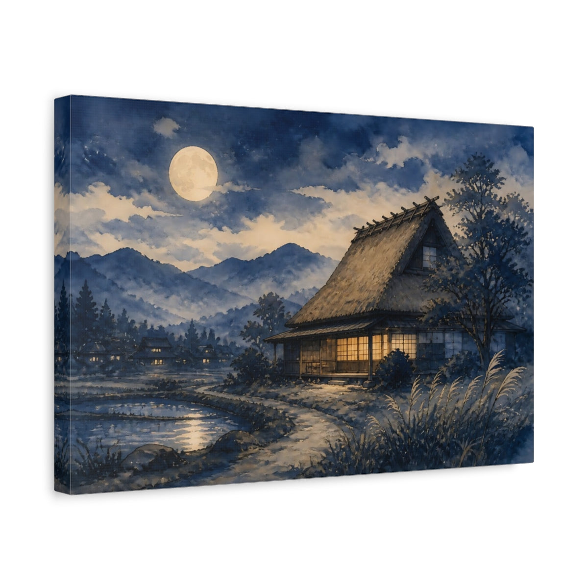 Side Mockup 4. Moonlit Thatched Farmhouse shown as canvas print