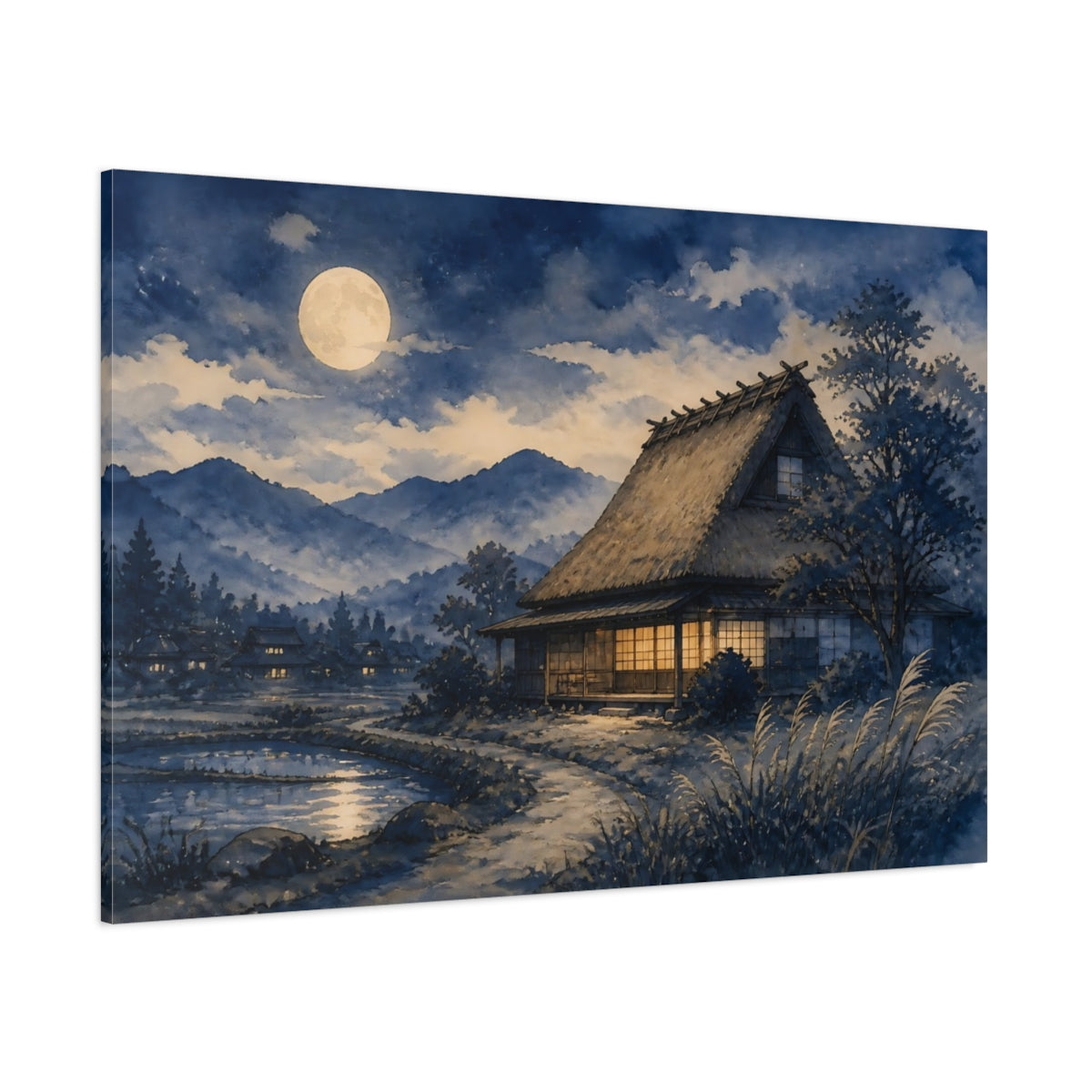 Side Mockup 1. Moonlit Thatched Farmhouse shown as canvas print