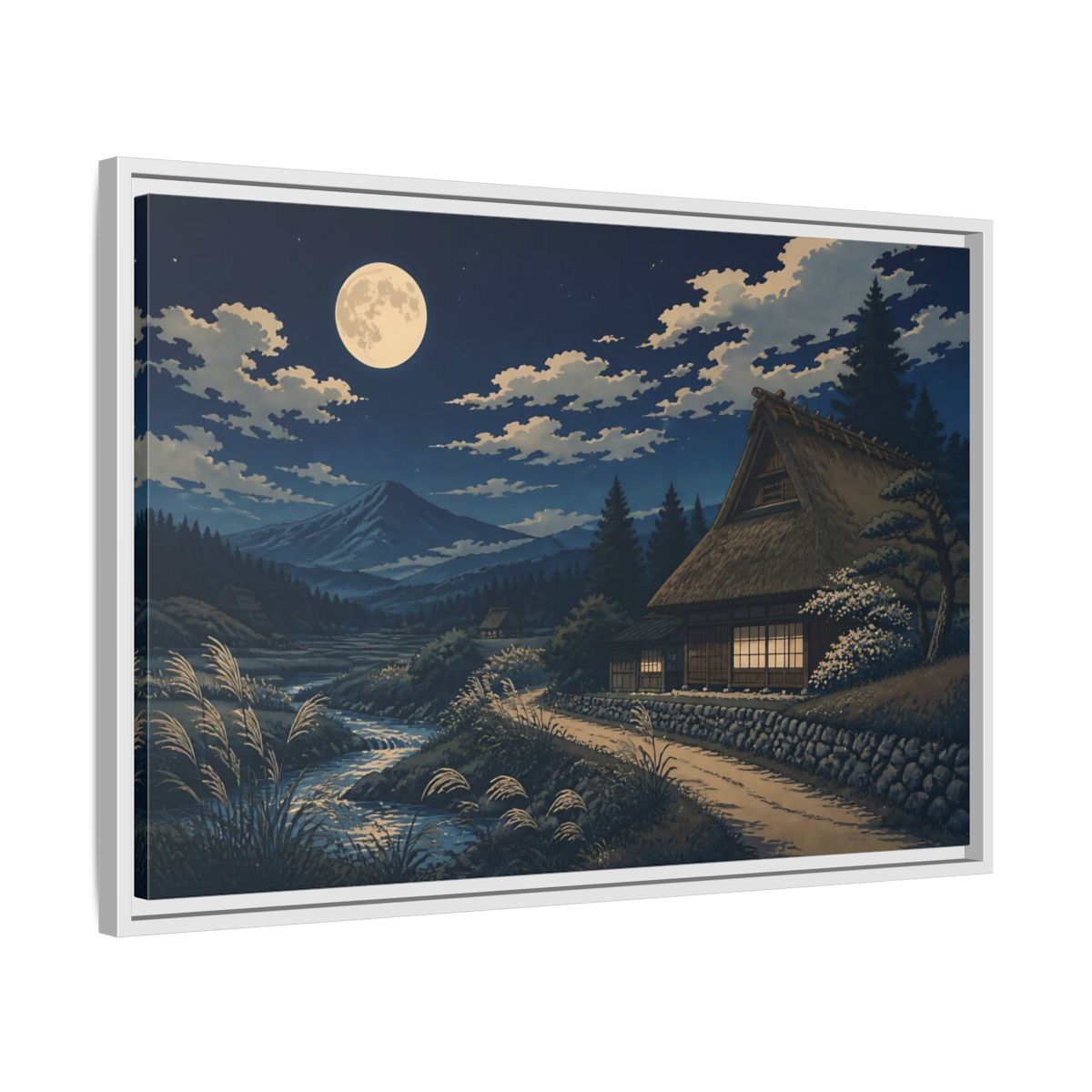 Side Mockup 10. Moonlit Thatched Farmhouse shown as framed canvas print