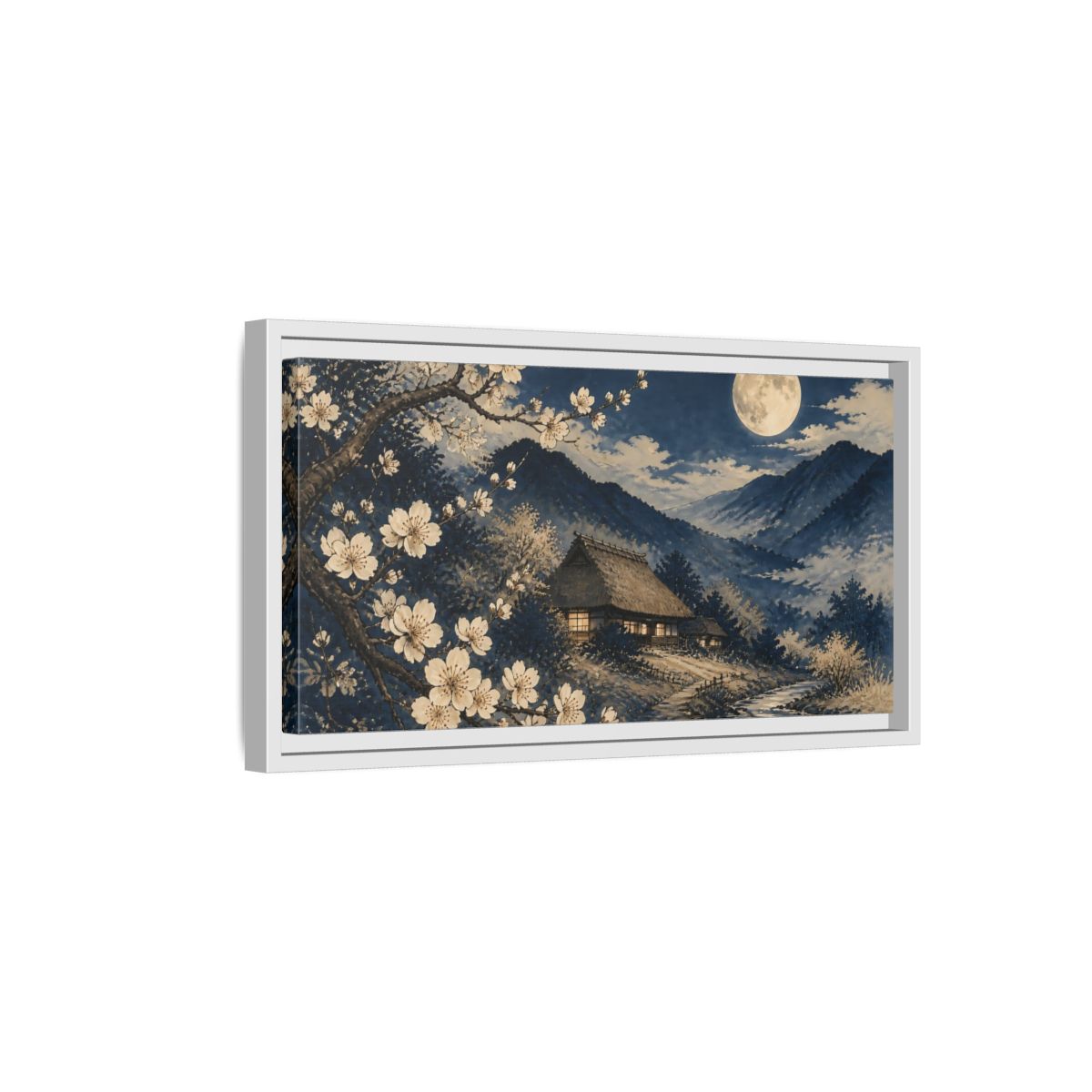 Side Mockup 6. Moonlit Thatched Farmhouse shown as framed canvas print