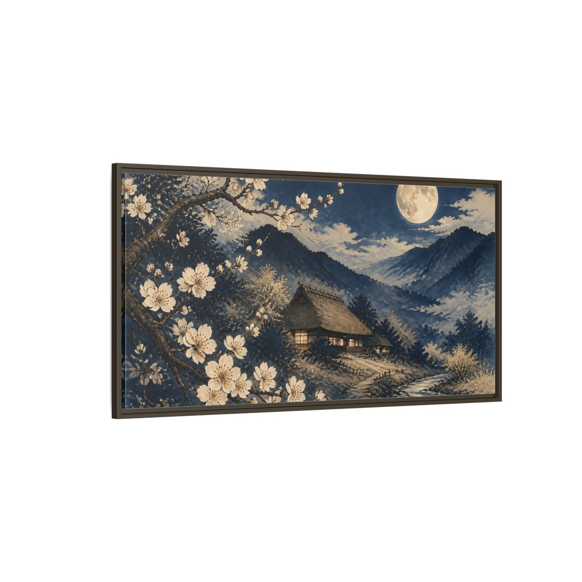 Side Mockup 4. Moonlit Thatched Farmhouse shown as framed canvas print