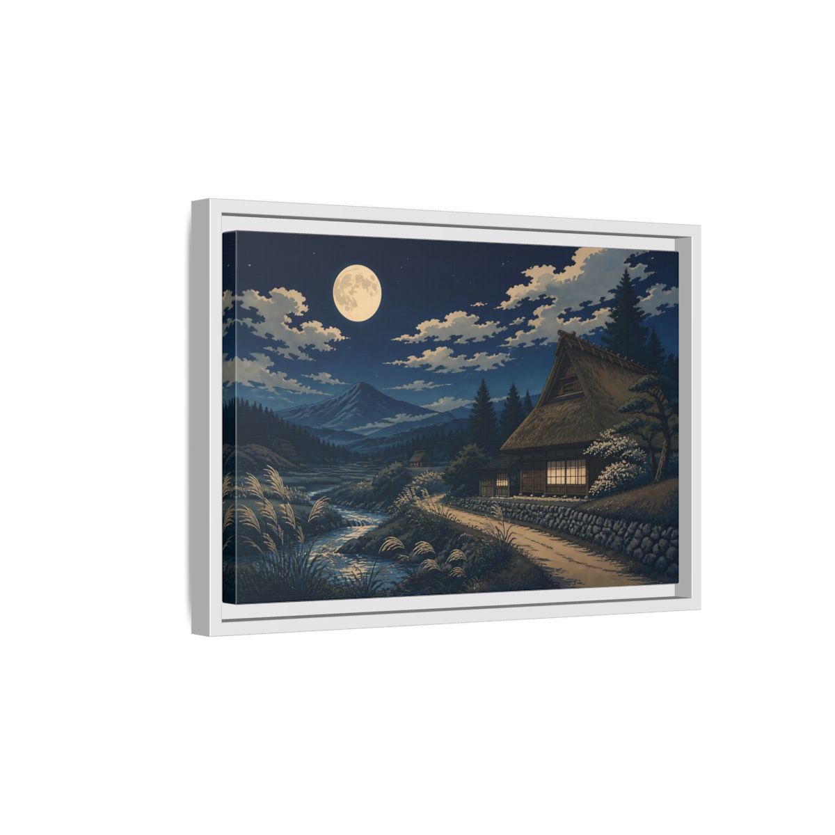 Side Mockup 4. Moonlit Thatched Farmhouse shown as framed canvas print