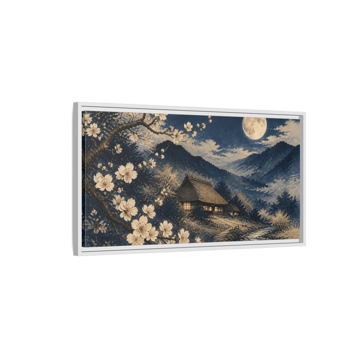 Side Mockup 1. Moonlit Thatched Farmhouse shown as framed canvas print