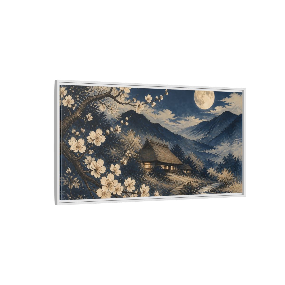 Side Mockup 3. Moonlit Thatched Farmhouse shown as framed canvas print