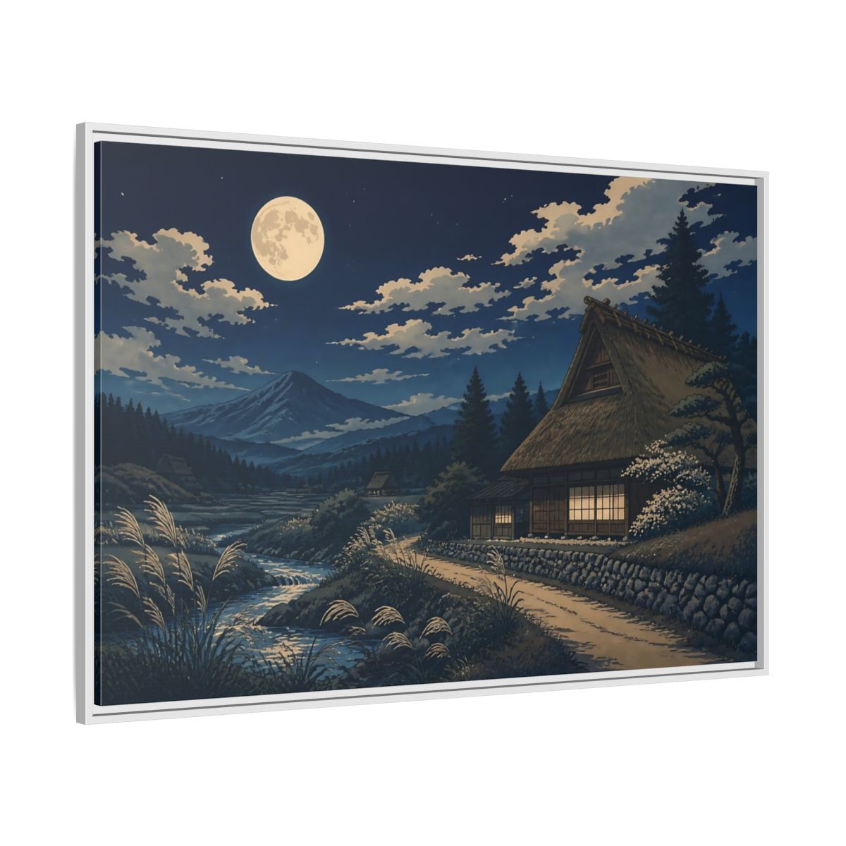 Side Mockup 7. Moonlit Thatched Farmhouse shown as framed canvas print