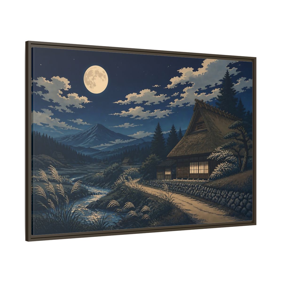 Side Mockup 8. Moonlit Thatched Farmhouse shown as framed canvas print